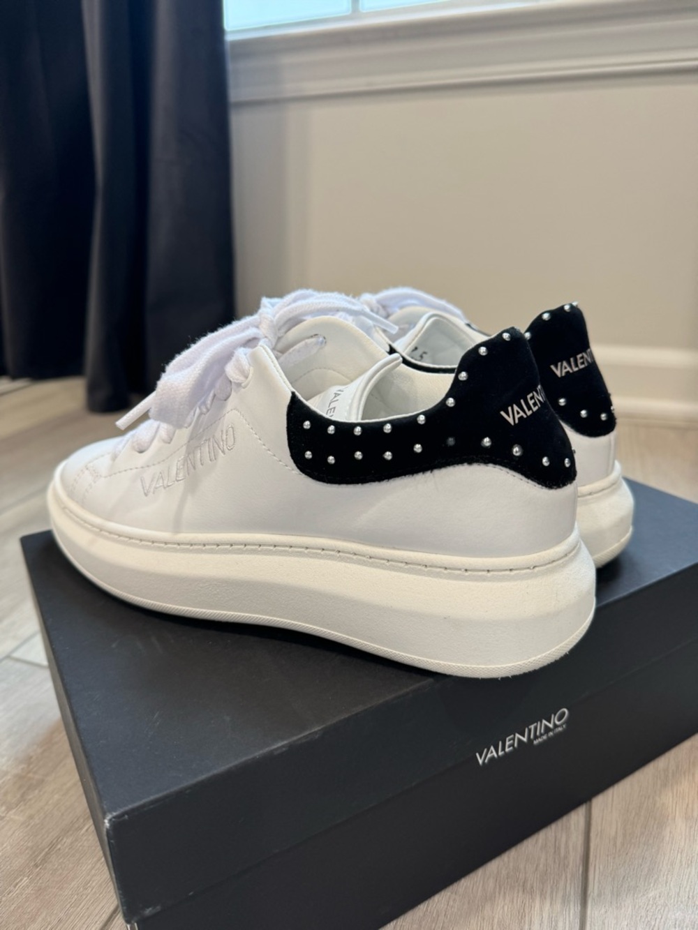 Valentino White Leather Platform Sneakers with Black Studded Heel Tab
